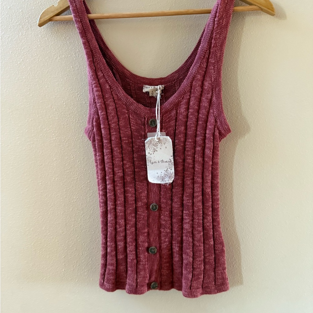 Hem & Thread Ribbed Knit Button-Front Tank Top - Maroon